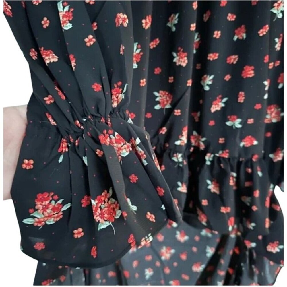 High Low Ruffle Dress Black Multi Floral Chiffon Long Sleeve Detachable Slip M - Picture 5 of 8
